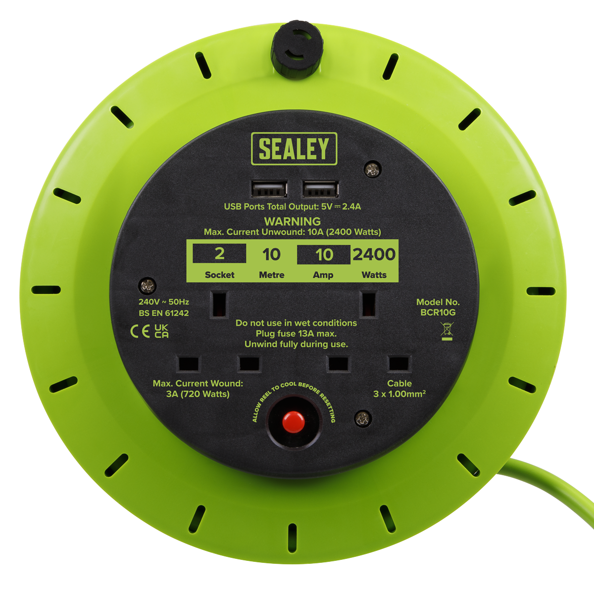 Sealey BCR10G 10m Cassette Type Cable Reel with Thermal Trip 2 x 230V & 2 x USB - Hi-Vis Green - additional view 12