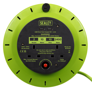 Sealey BCR10G 10m Cassette Type Cable Reel with Thermal Trip 2 x 230V & 2 x USB - Hi-Vis Green - additional view 12