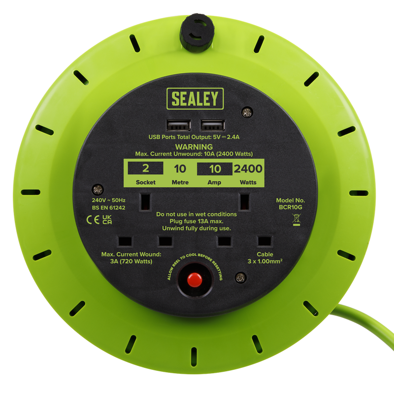 Sealey BCR10G 10m Cassette Type Cable Reel with Thermal Trip 2 x 230V & 2 x USB - Hi-Vis Green - additional view 12