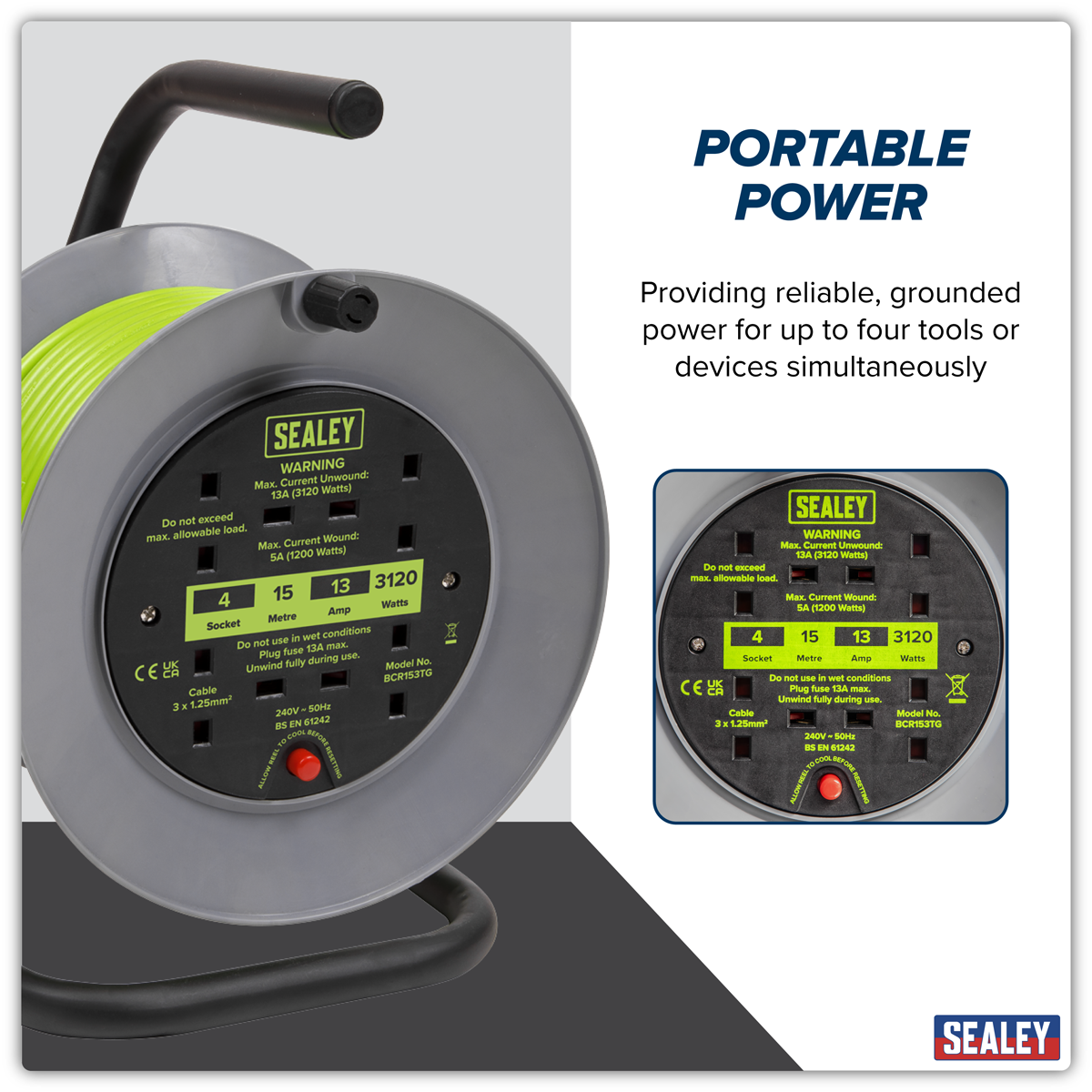Sealey BCR153TG 15m Cable Reel with Thermal Trip 4 x 230V - Hi-Vis Green - additional view 10