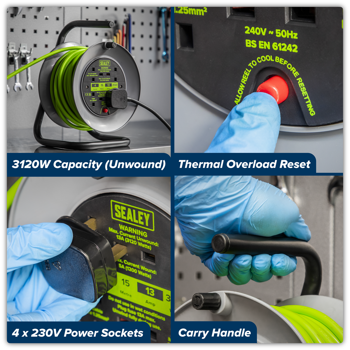 Sealey BCR153TG 15m Cable Reel with Thermal Trip 4 x 230V - Hi-Vis Green - additional view 2