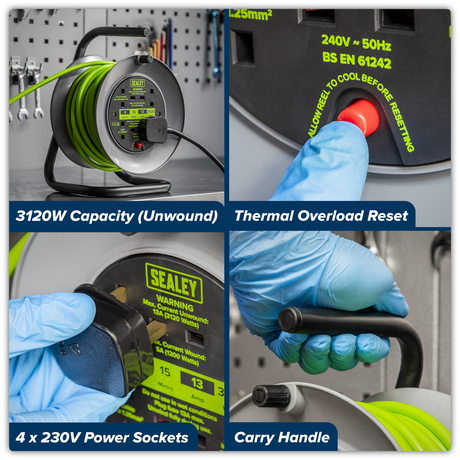 Sealey BCR153TG 15m Cable Reel with Thermal Trip 4 x 230V - Hi-Vis Green - additional view 2