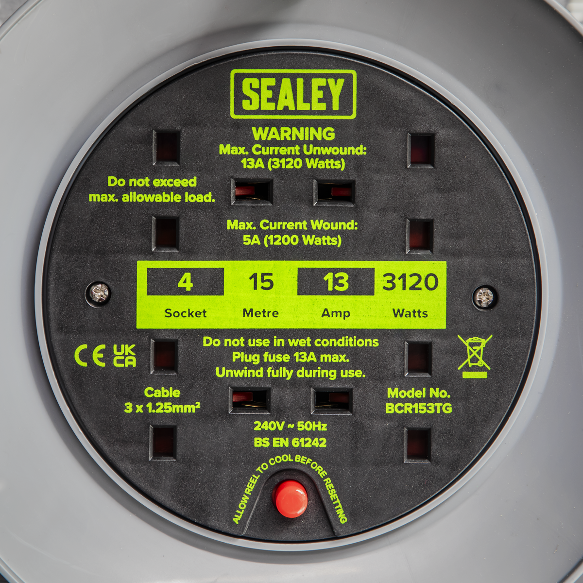 Sealey BCR153TG 15m Cable Reel with Thermal Trip 4 x 230V - Hi-Vis Green - additional view 9