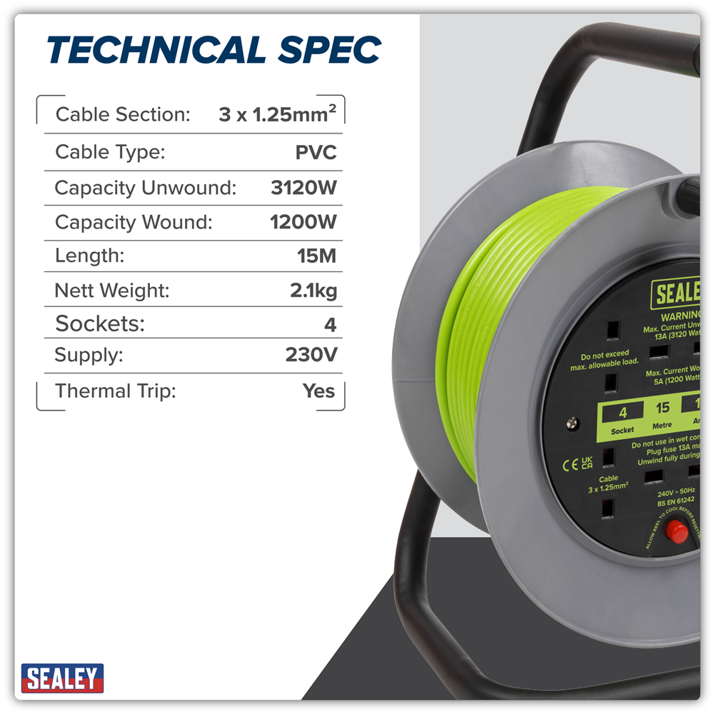 Sealey BCR153TG 15m Cable Reel with Thermal Trip 4 x 230V - Hi-Vis Green - additional view 12