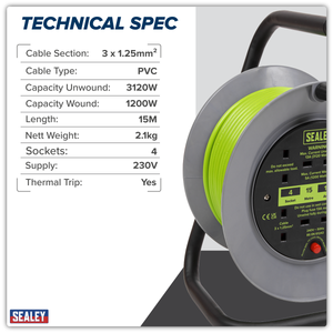 Sealey BCR153TG 15m Cable Reel with Thermal Trip 4 x 230V - Hi-Vis Green - additional view 12
