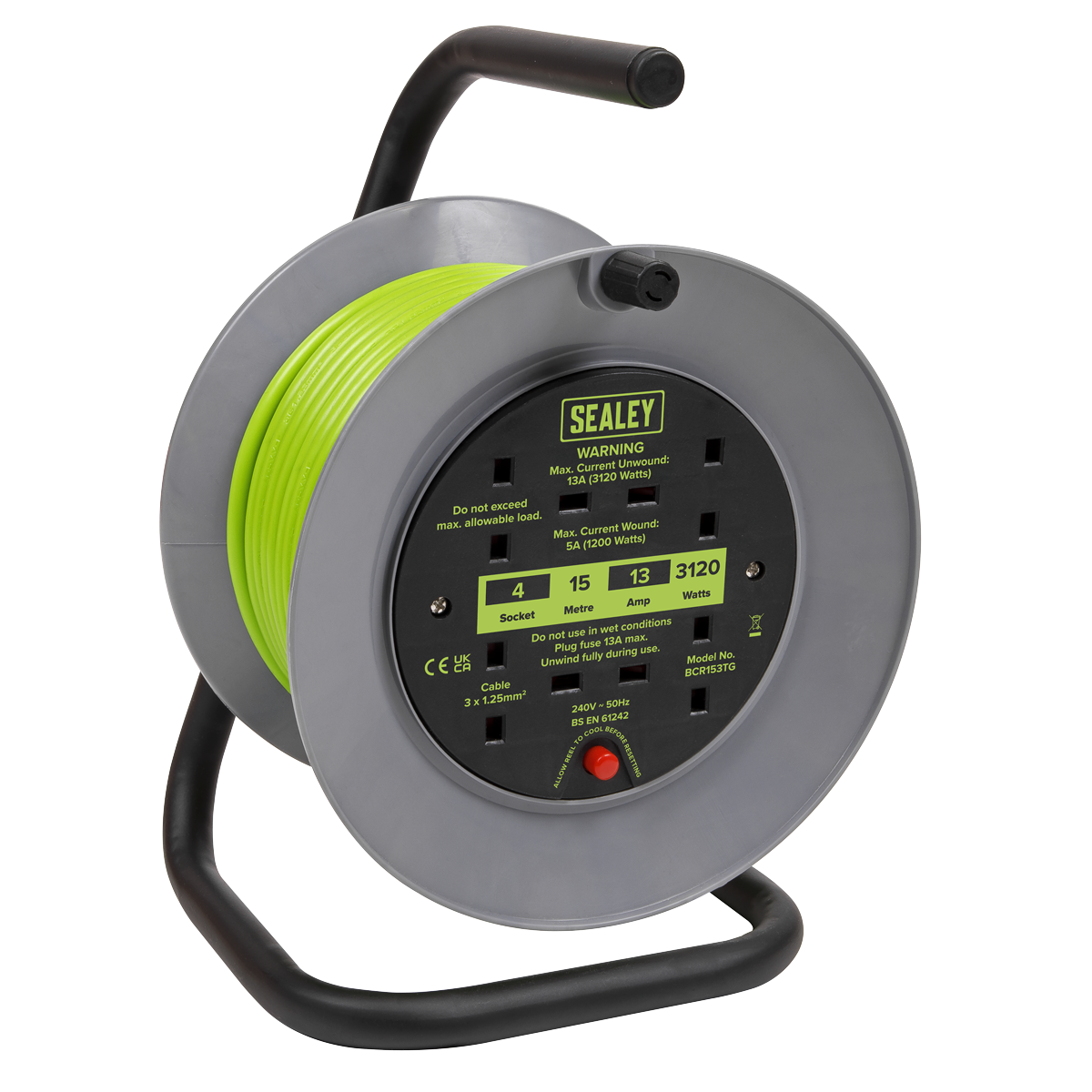 Sealey BCR153TG 15m Cable Reel with Thermal Trip 4 x 230V - Hi-Vis Green