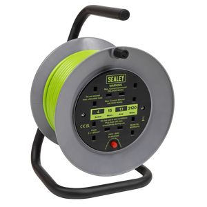 Sealey BCR153TG 15m Cable Reel with Thermal Trip 4 x 230V - Hi-Vis Green