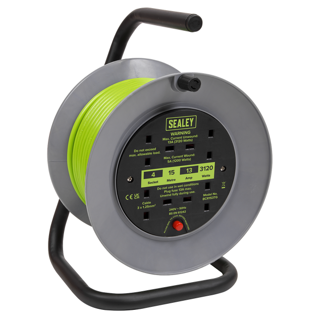 Sealey BCR153TG 15m Cable Reel with Thermal Trip 4 x 230V - Hi-Vis Green