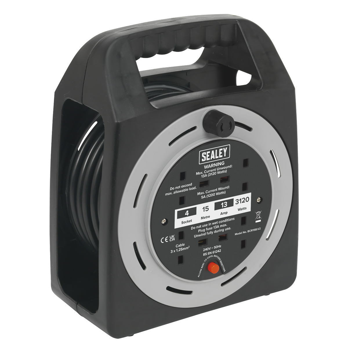 Sealey BCR15CB 15m Box Type Cable Reel with Thermal Trip 4 x 230V