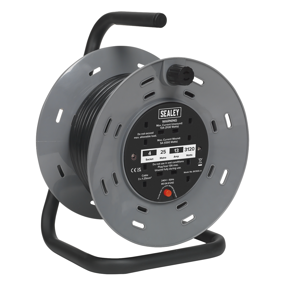Sealey BCR25 25m Cable Reel with Thermal Trip 4 x 230V