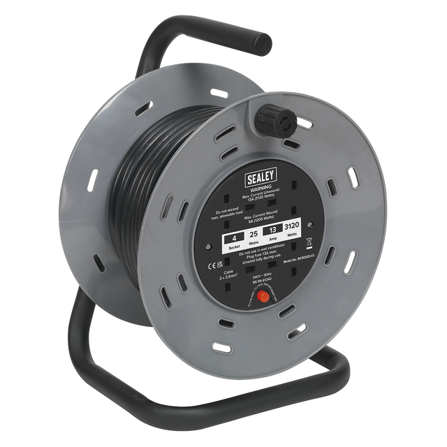 Sealey BCR2525 25m Cable Reel with Thermal Trip 4 x 230V