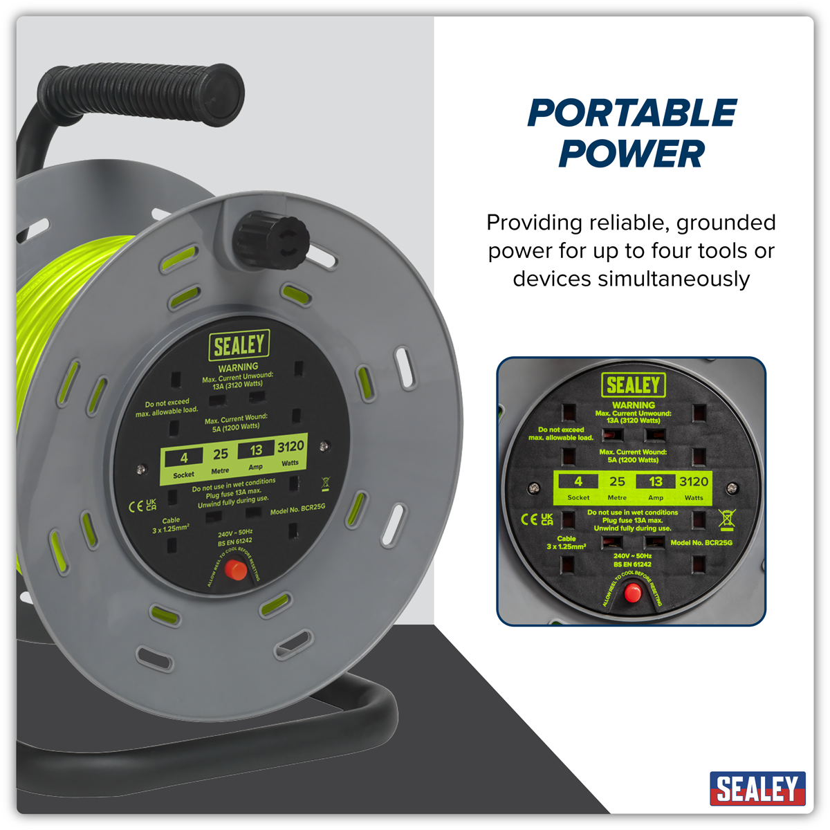 Sealey BCR25G 25m Cable Reel with Thermal Trip 4 x 230V - Hi-Vis Green - additional view 8