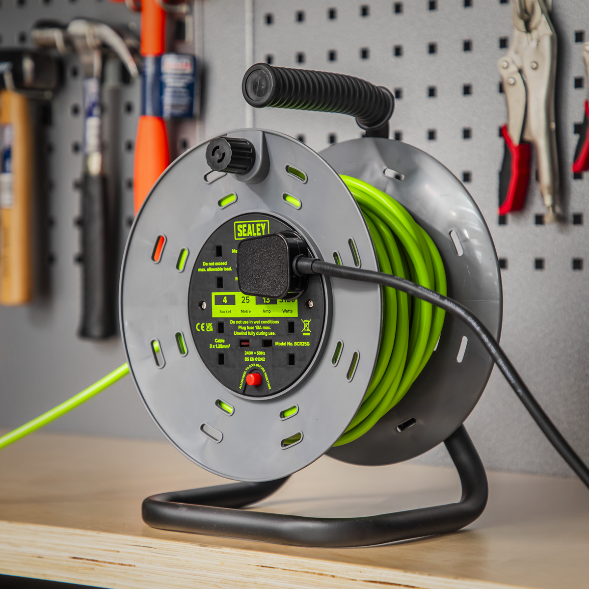 Sealey BCR25G 25m Cable Reel with Thermal Trip 4 x 230V - Hi-Vis Green - additional view 5