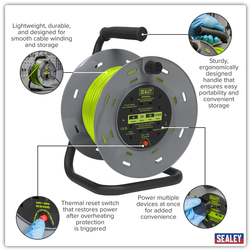 Sealey BCR25G 25m Cable Reel with Thermal Trip 4 x 230V - Hi-Vis Green - additional view 9