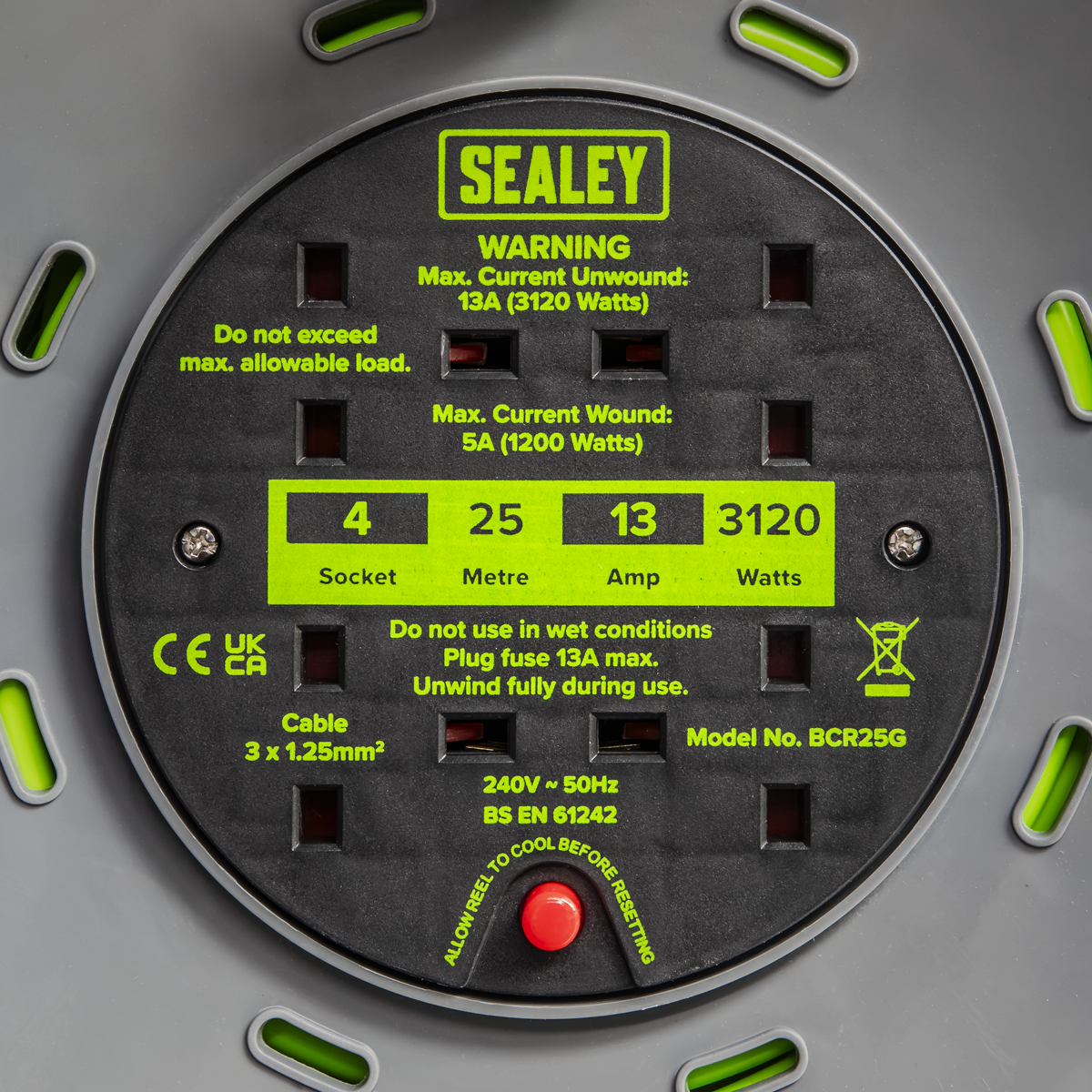 Sealey BCR25G 25m Cable Reel with Thermal Trip 4 x 230V - Hi-Vis Green - additional view 2