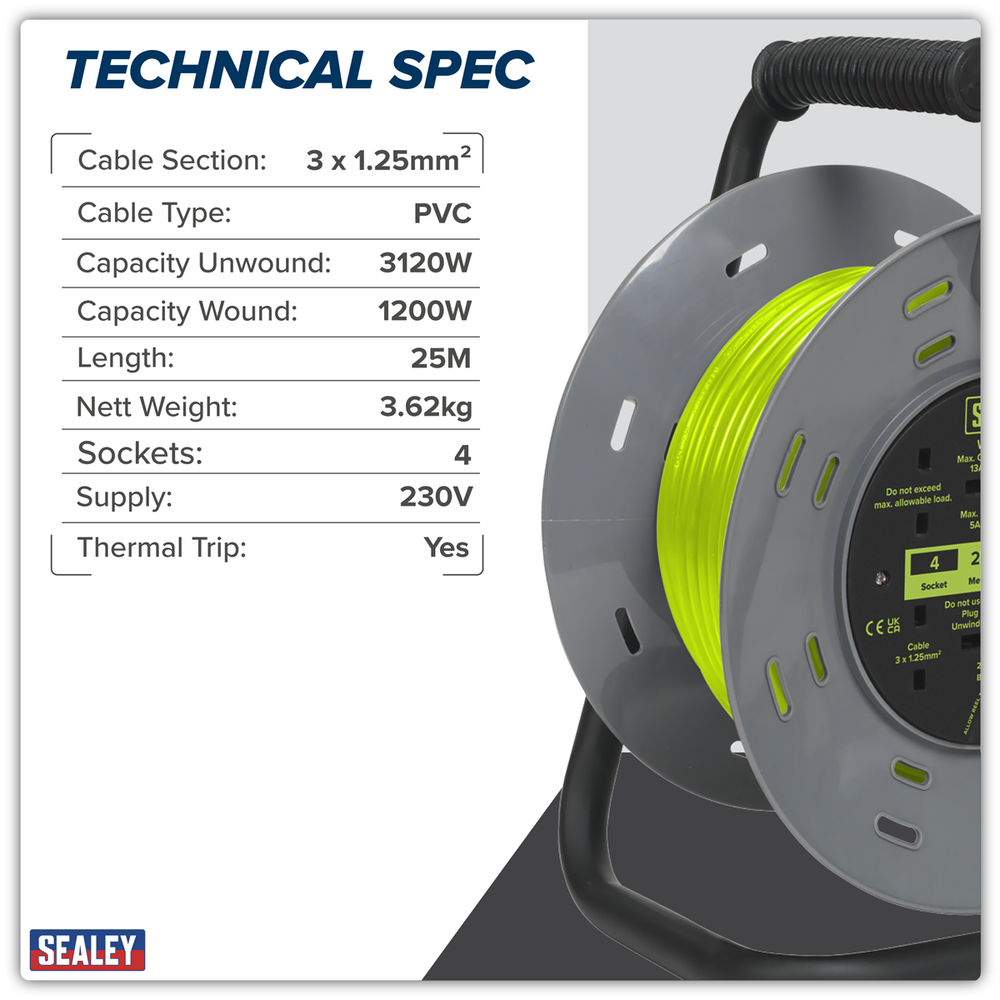 Sealey BCR25G 25m Cable Reel with Thermal Trip 4 x 230V - Hi-Vis Green - additional view 10