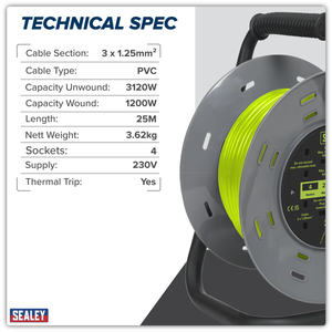 Sealey BCR25G 25m Cable Reel with Thermal Trip 4 x 230V - Hi-Vis Green - additional view 10
