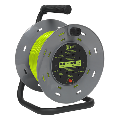 Sealey BCR25G 25m Cable Reel with Thermal Trip 4 x 230V - Hi-Vis Green