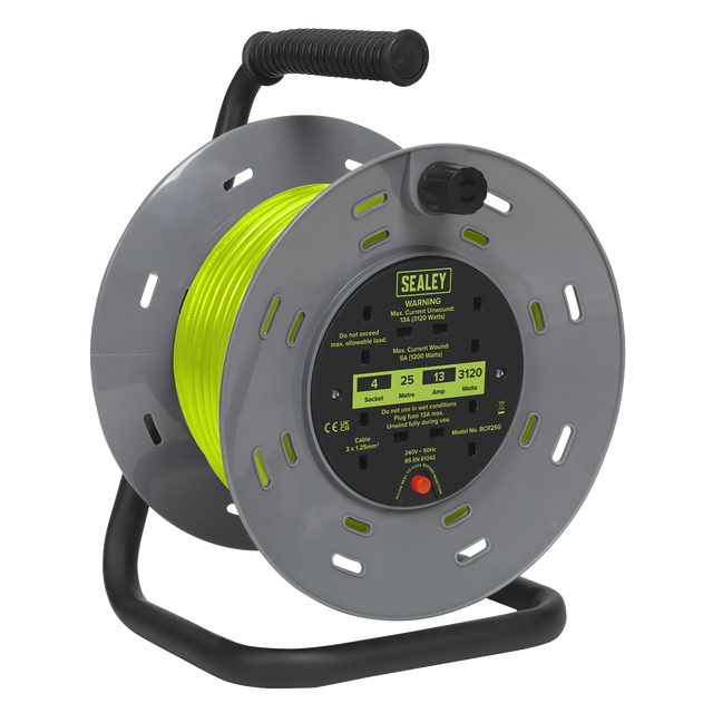 Sealey BCR25G 25m Cable Reel with Thermal Trip 4 x 230V - Hi-Vis Green
