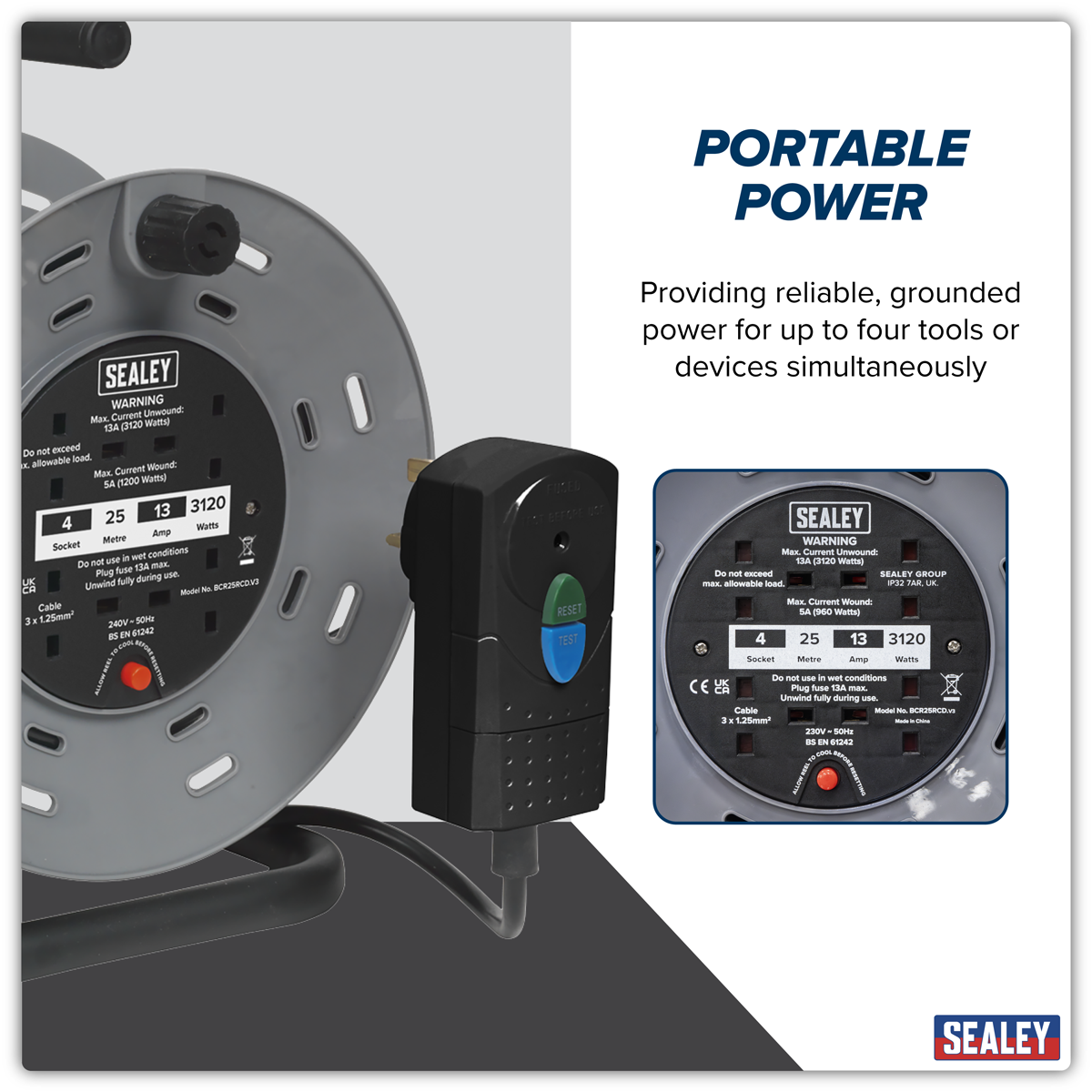 Sealey BCR25RCD 25m Cable Reel with Thermal Trip & RCD Plug 4 x 230V - additional view 11