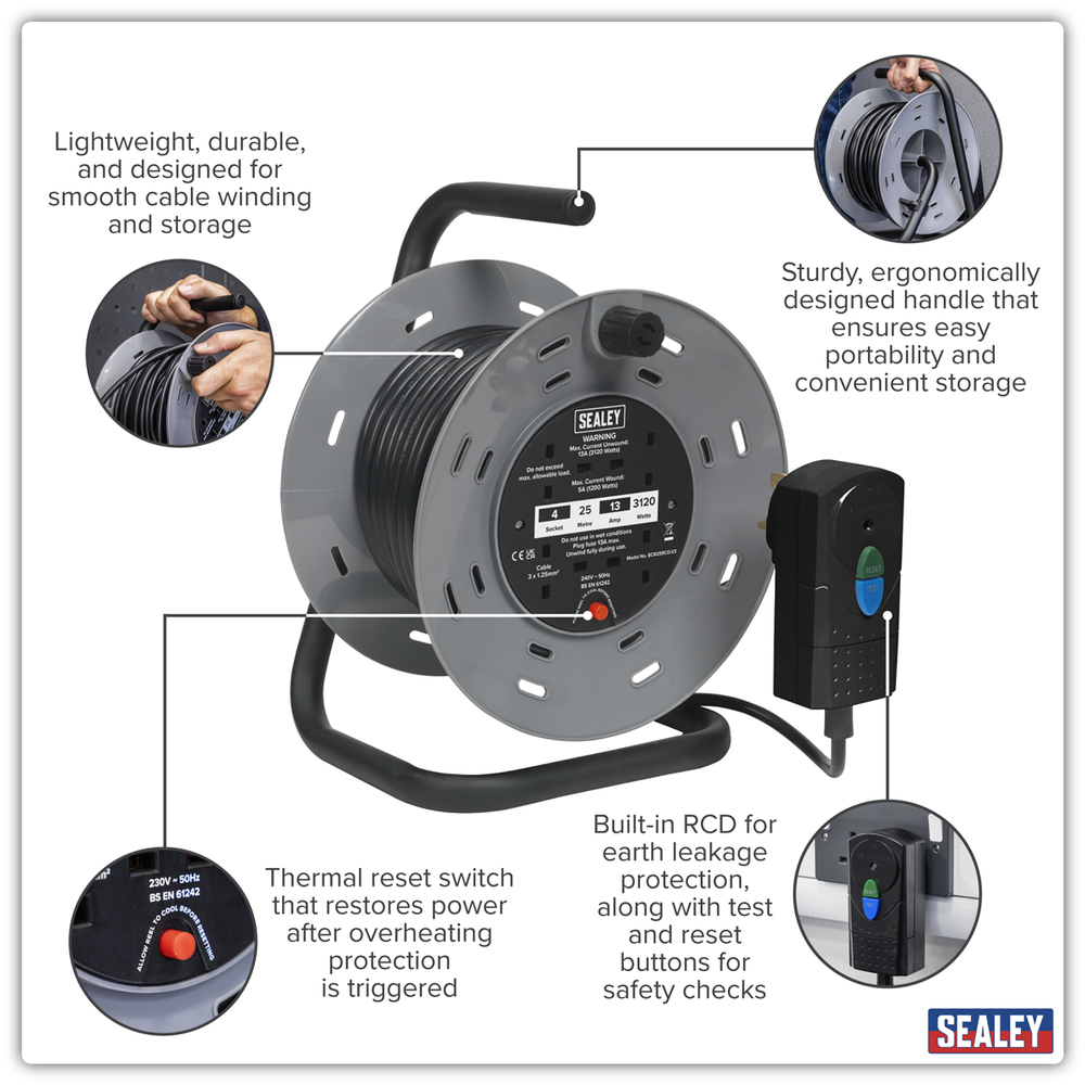 Sealey BCR25RCD 25m Cable Reel with Thermal Trip & RCD Plug 4 x 230V - additional view 12