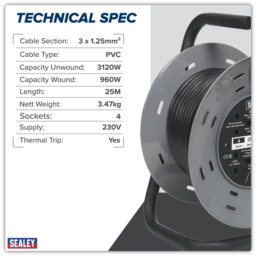 Sealey BCR25RCD 25m Cable Reel with Thermal Trip & RCD Plug 4 x 230V - additional view 9