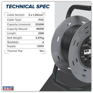 Sealey BCR25RCD 25m Cable Reel with Thermal Trip & RCD Plug 4 x 230V - additional view 9