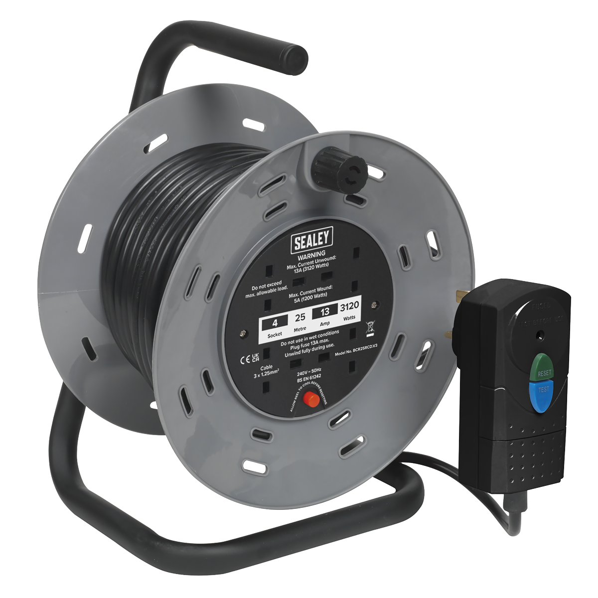 Sealey BCR25RCD 25m Cable Reel with Thermal Trip & RCD Plug 4 x 230V - additional view 2