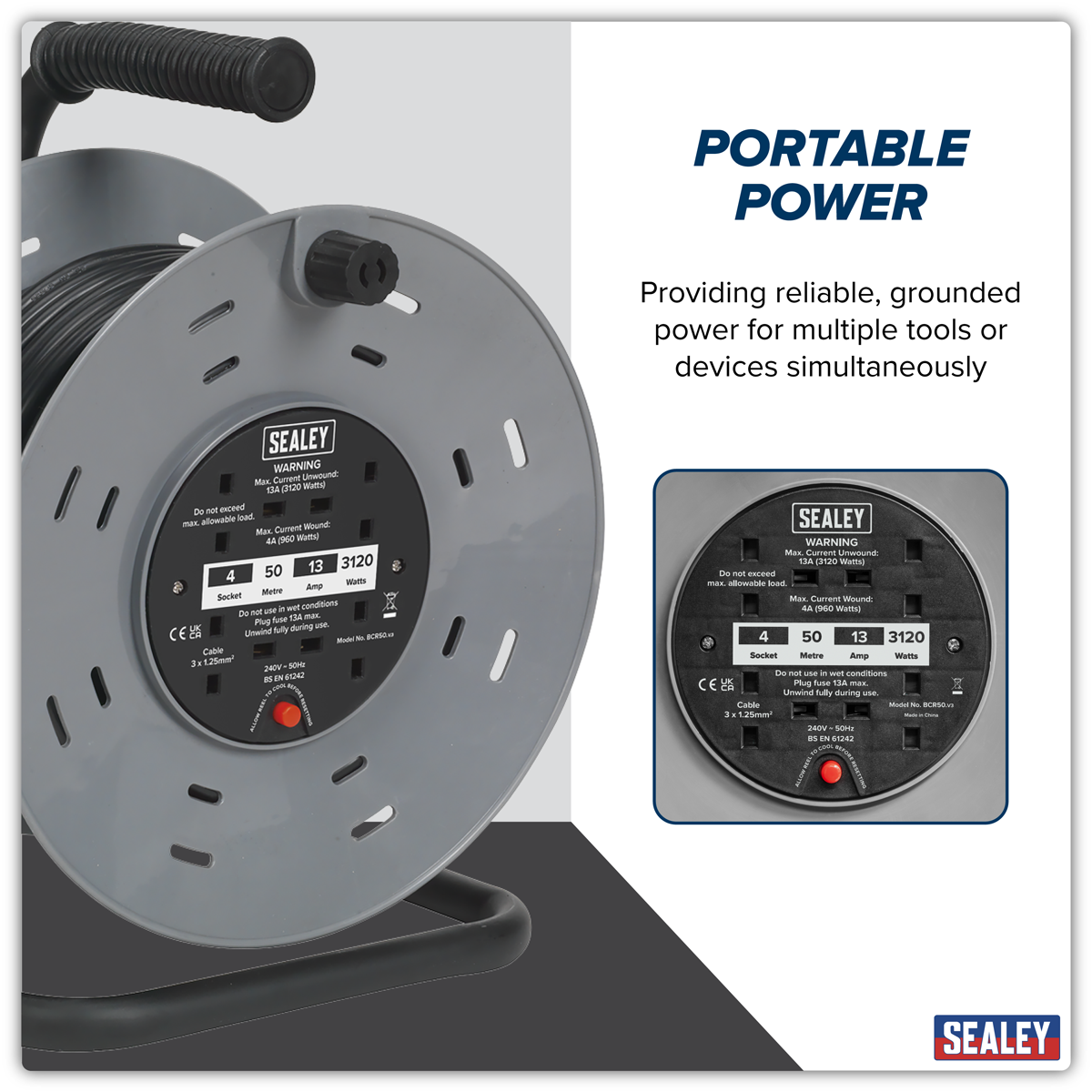 Sealey BCR50 50m Cable Reel with Thermal Trip 4 x 230V - additional view 13