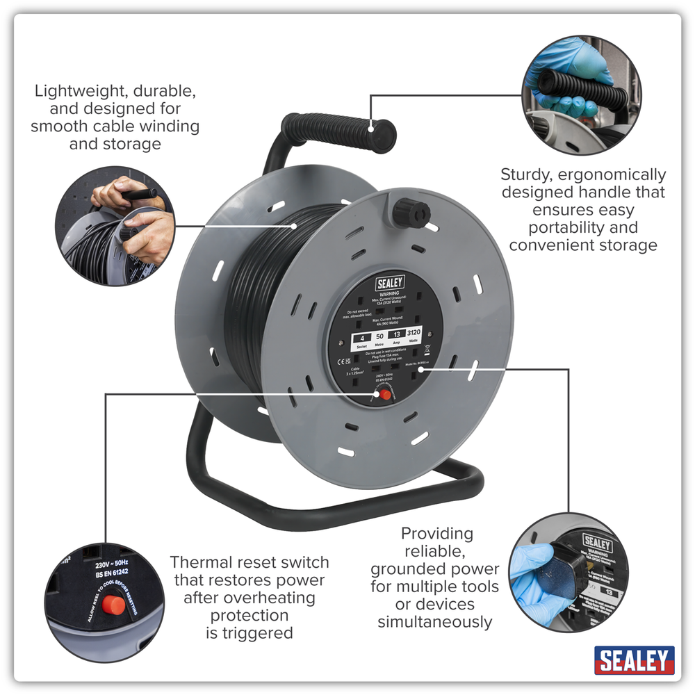 Sealey BCR50 50m Cable Reel with Thermal Trip 4 x 230V - additional view 12