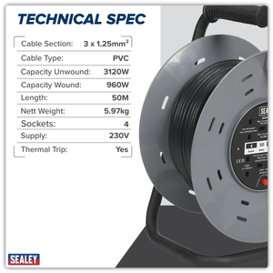 Sealey BCR50 50m Cable Reel with Thermal Trip 4 x 230V - additional view 2
