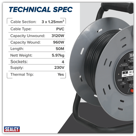 Sealey BCR50 50m Cable Reel with Thermal Trip 4 x 230V - additional view 2
