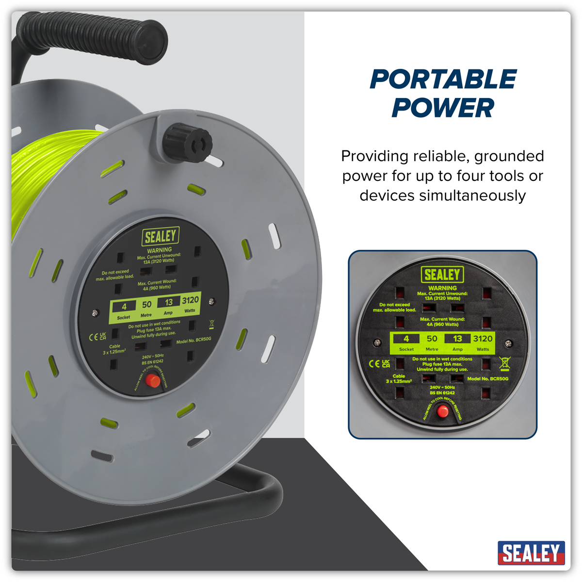 Sealey BCR50G 50m Cable Reel with Thermal Trip 4 x 230V - Hi-Vis Green - additional view 9