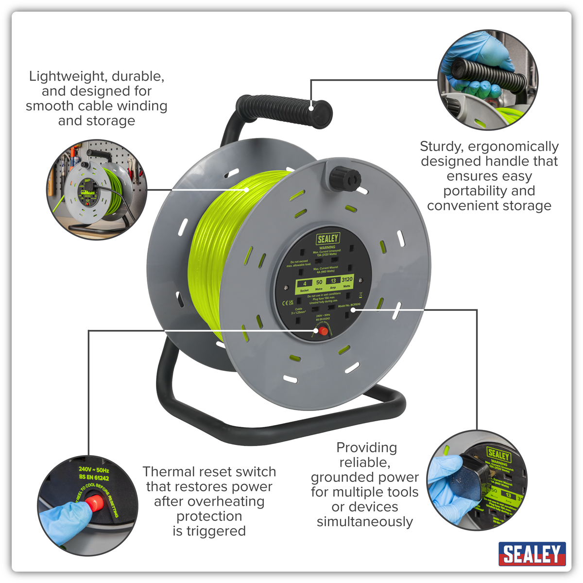 Sealey BCR50G 50m Cable Reel with Thermal Trip 4 x 230V - Hi-Vis Green - additional view 10