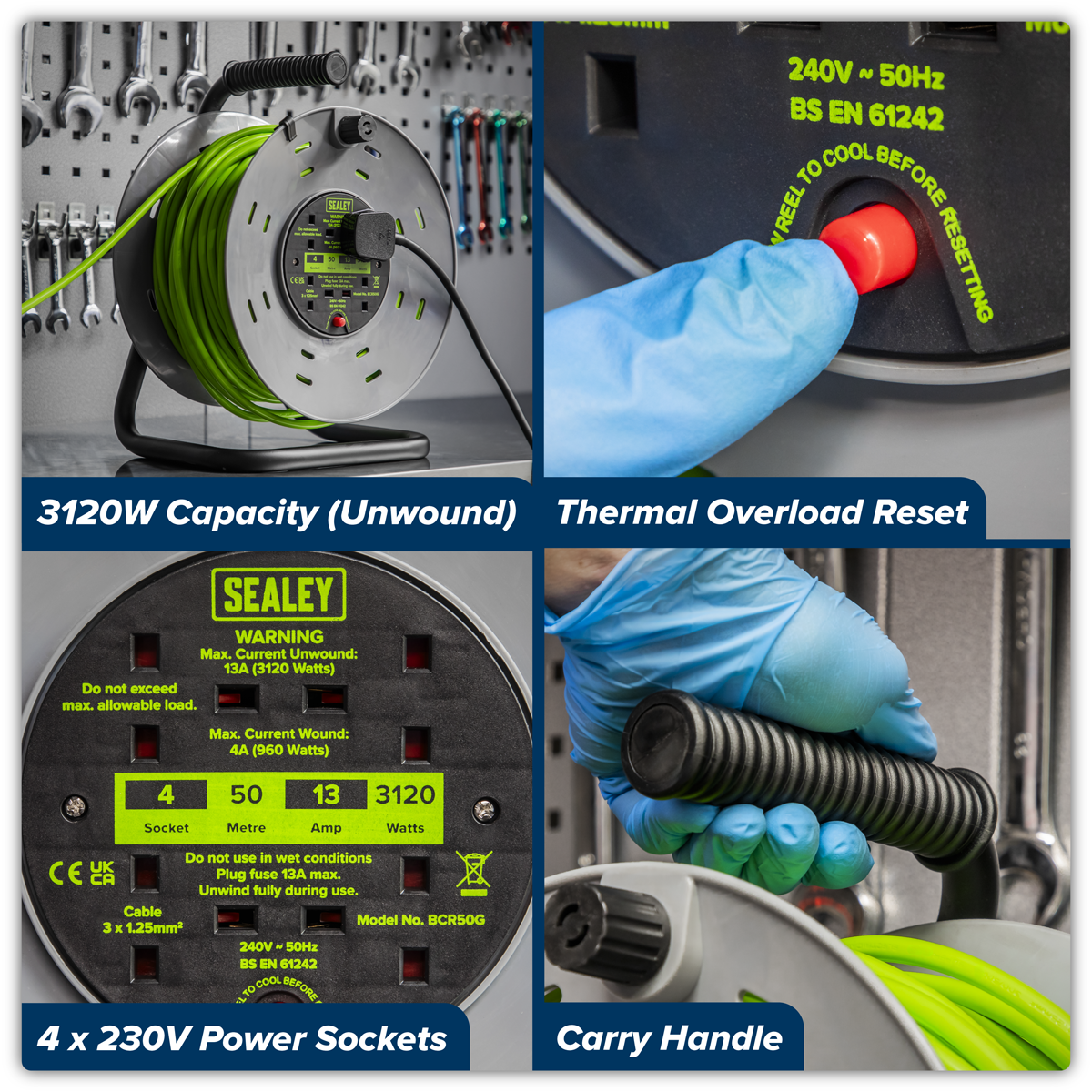 Sealey BCR50G 50m Cable Reel with Thermal Trip 4 x 230V - Hi-Vis Green - additional view 12