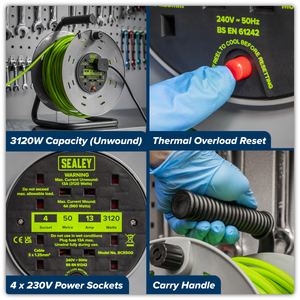 Sealey BCR50G 50m Cable Reel with Thermal Trip 4 x 230V - Hi-Vis Green - additional view 12