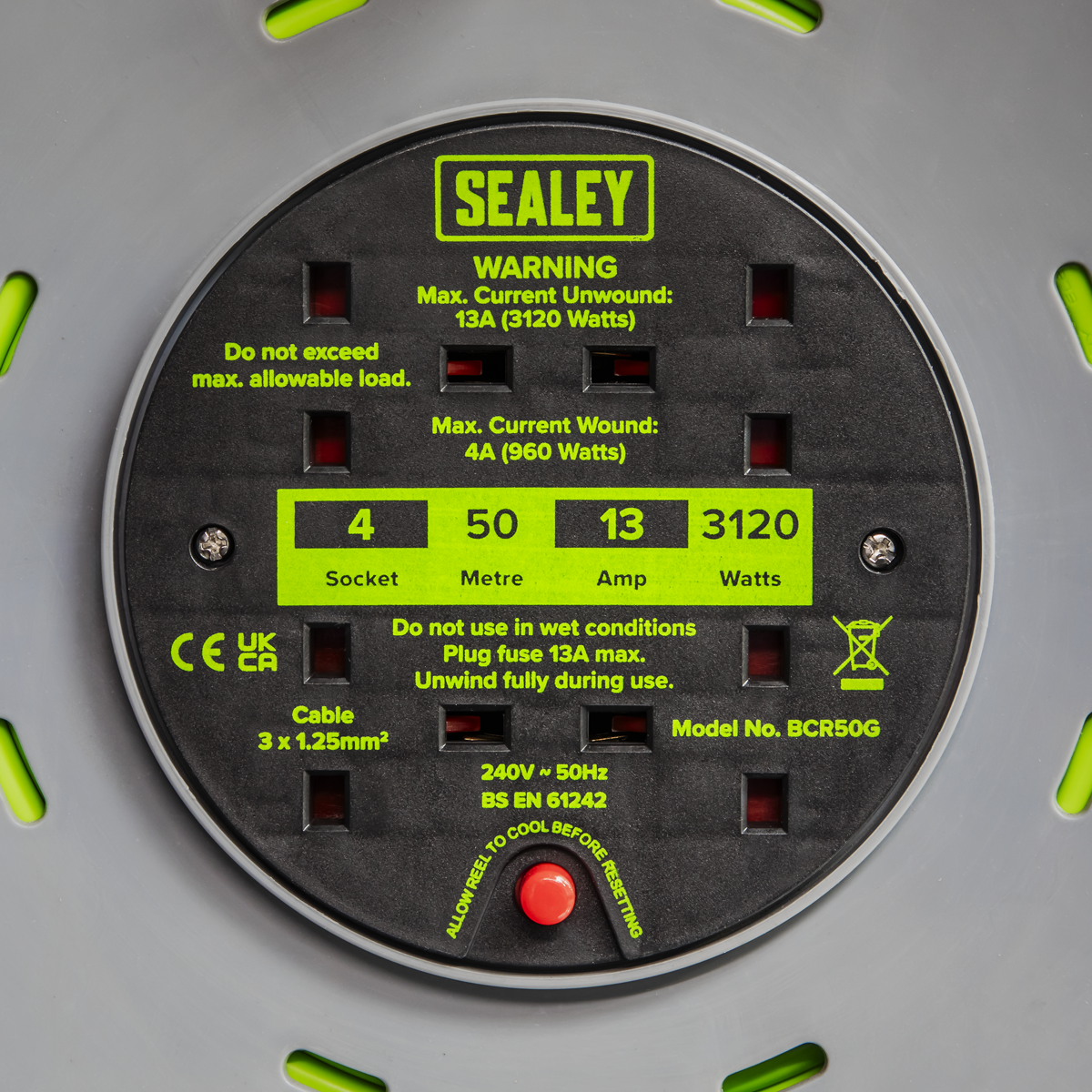 Sealey BCR50G 50m Cable Reel with Thermal Trip 4 x 230V - Hi-Vis Green - additional view 8