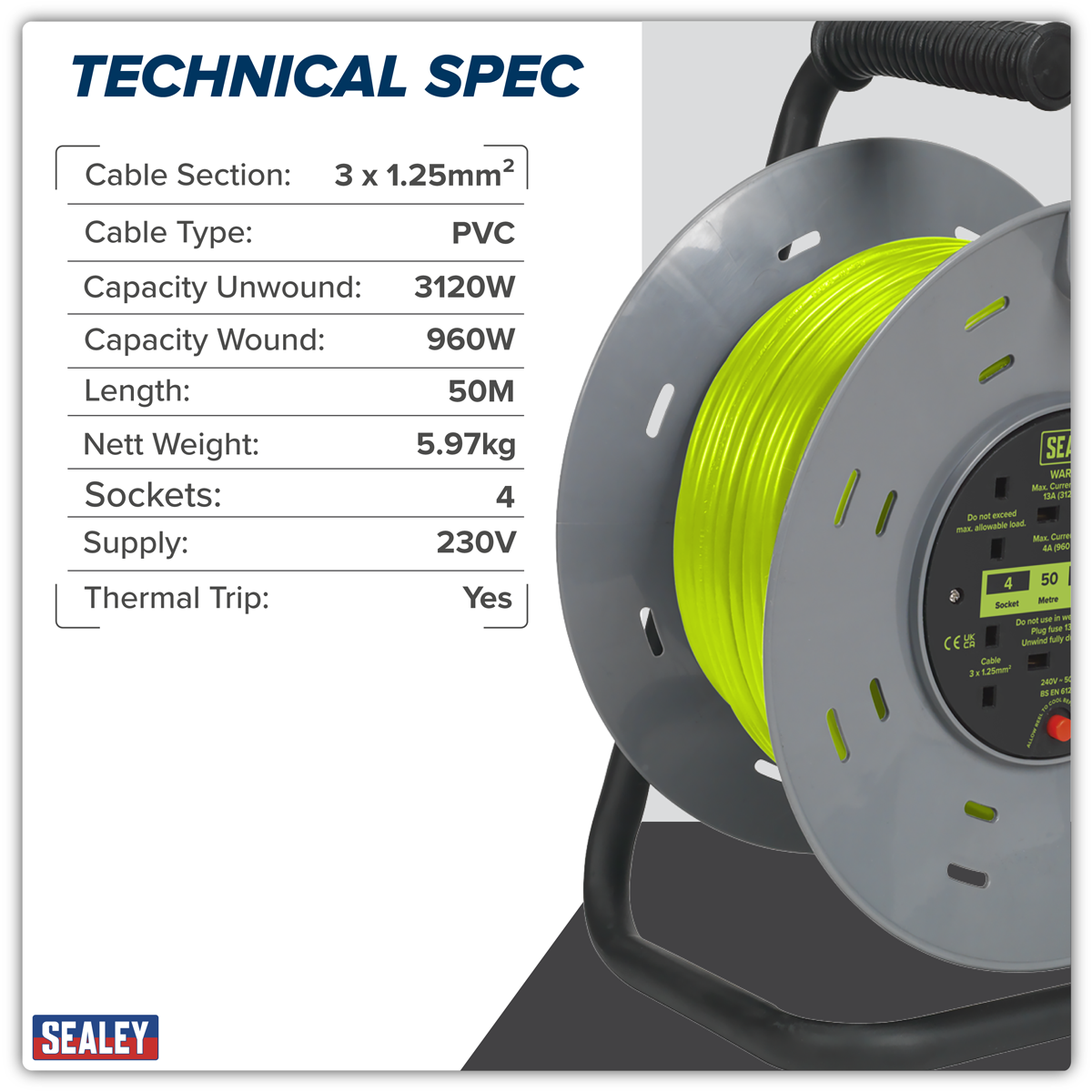 Sealey BCR50G 50m Cable Reel with Thermal Trip 4 x 230V - Hi-Vis Green - additional view 11