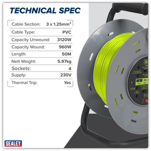 Sealey BCR50G 50m Cable Reel with Thermal Trip 4 x 230V - Hi-Vis Green - additional view 11