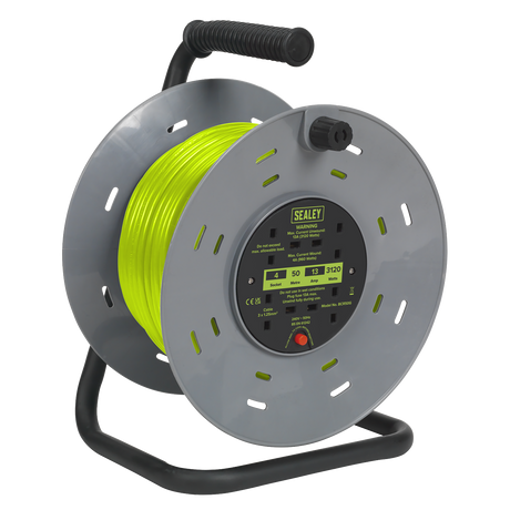 Sealey BCR50G 50m Cable Reel with Thermal Trip 4 x 230V - Hi-Vis Green