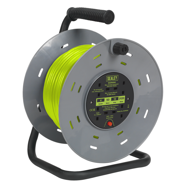 Sealey BCR50G 50m Cable Reel with Thermal Trip 4 x 230V - Hi-Vis Green