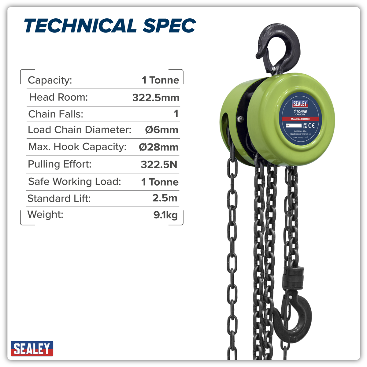 Sealey CB1000E 2.5m Chain Block 1 Tonne - additional view 3