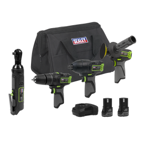 Sealey CP108VCOMBO1EU 4 x SV10.8 Series Cordless Power Tool Kit 10.8V - 2 Batteries & Euro Plug
