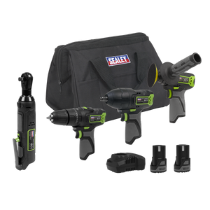 Sealey CP108VCOMBO1EU 4 x SV10.8 Series Cordless Power Tool Kit 10.8V - 2 Batteries & Euro Plug