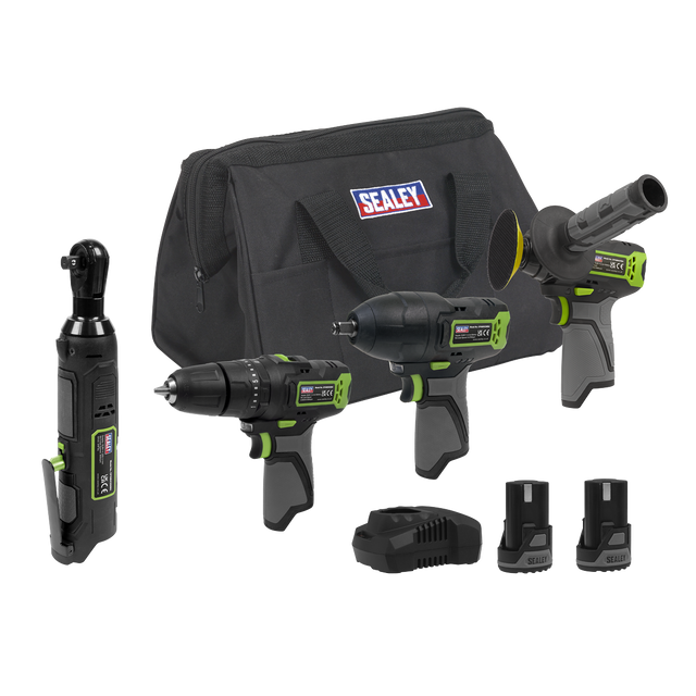 Sealey CP108VCOMBO1EU 4 x SV10.8 Series Cordless Power Tool Kit 10.8V - 2 Batteries & Euro Plug