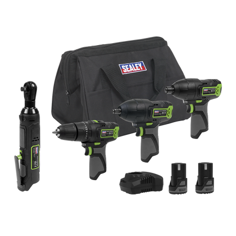 Sealey CP108VCOMBO2EU 4 x SV10.8 Series Cordless Power Tool Kit 10.8V - 2 Batteries & Euro Plug