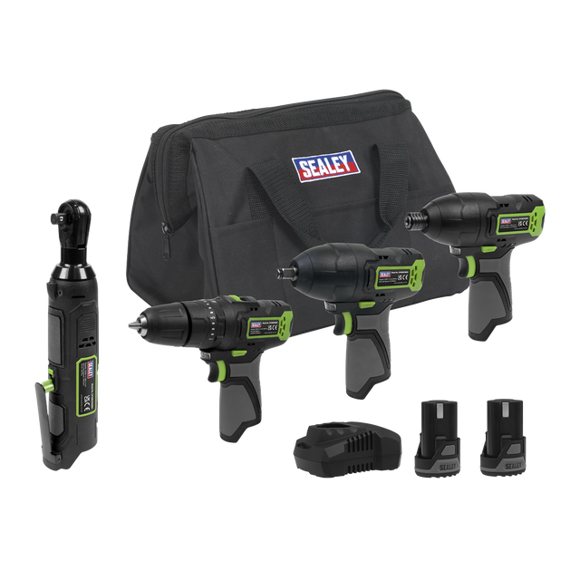 Sealey CP108VCOMBO2EU 4 x SV10.8 Series Cordless Power Tool Kit 10.8V - 2 Batteries & Euro Plug