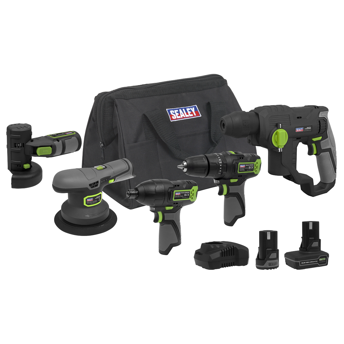 Sealey CP108VCOMBO7EU 5 x SV10.8 Series Cordless Power Tool Kit 10.8V - 2 Batteries & Euro Plug
