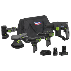 Sealey CP108VCOMBO7EU 5 x SV10.8 Series Cordless Power Tool Kit 10.8V - 2 Batteries & Euro Plug