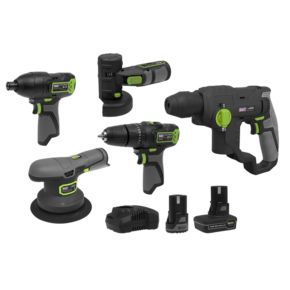 Sealey CP108VCOMBO7EU 5 x SV10.8 Series Cordless Power Tool Kit 10.8V - 2 Batteries & Euro Plug - additional view 10